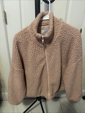 Urban Outfitters Plush Teddy Zip-Up Jacket in Dusty Rose